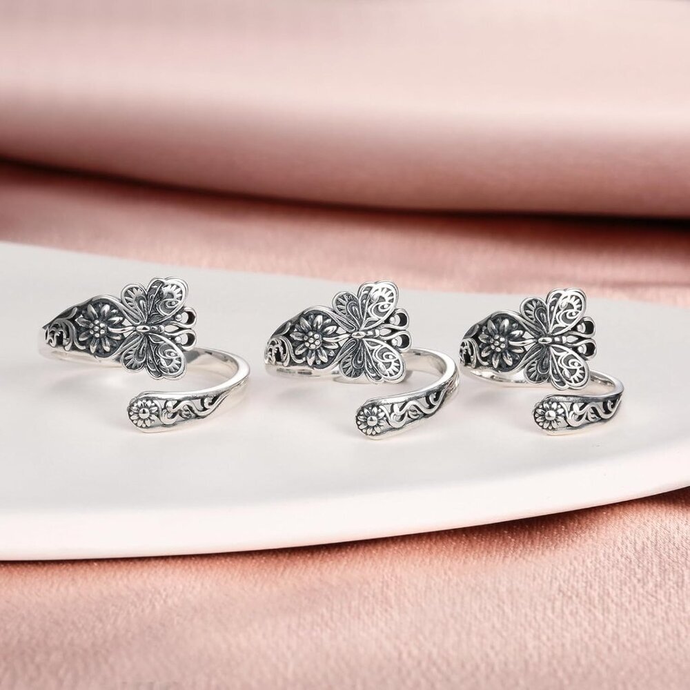 Sterling Silver Spoon Rings for Women: Vintage Butterfly Lotus Just Breathe Turq - Picture 7 of 8